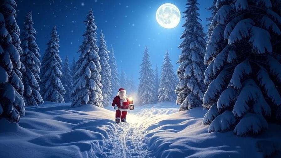 Snowy forest path with Santa holding lantern for lucid dreaming.