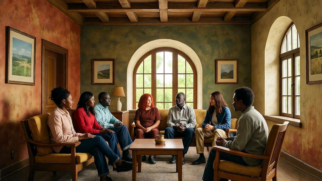 Diverse group sharing real-life stories of overcoming demonic dreams in a supportive setting.