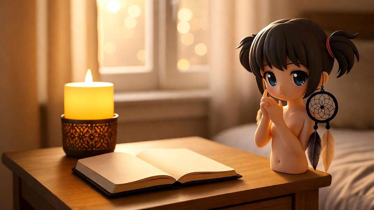Mini Dollfie Dream on nightstand with dream journal and candle