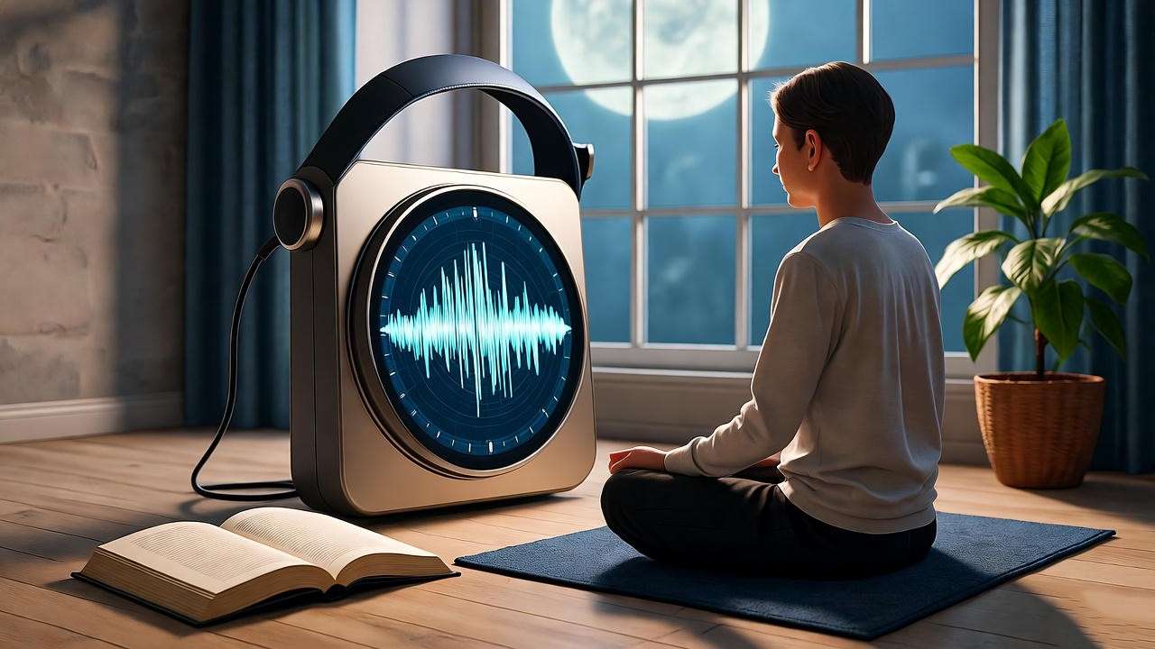 Tranquil room with person meditating and dream tracking device under moonlight.