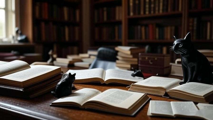 Expert desk with black cat figurine and books, symbolizing dream analysis expertise.