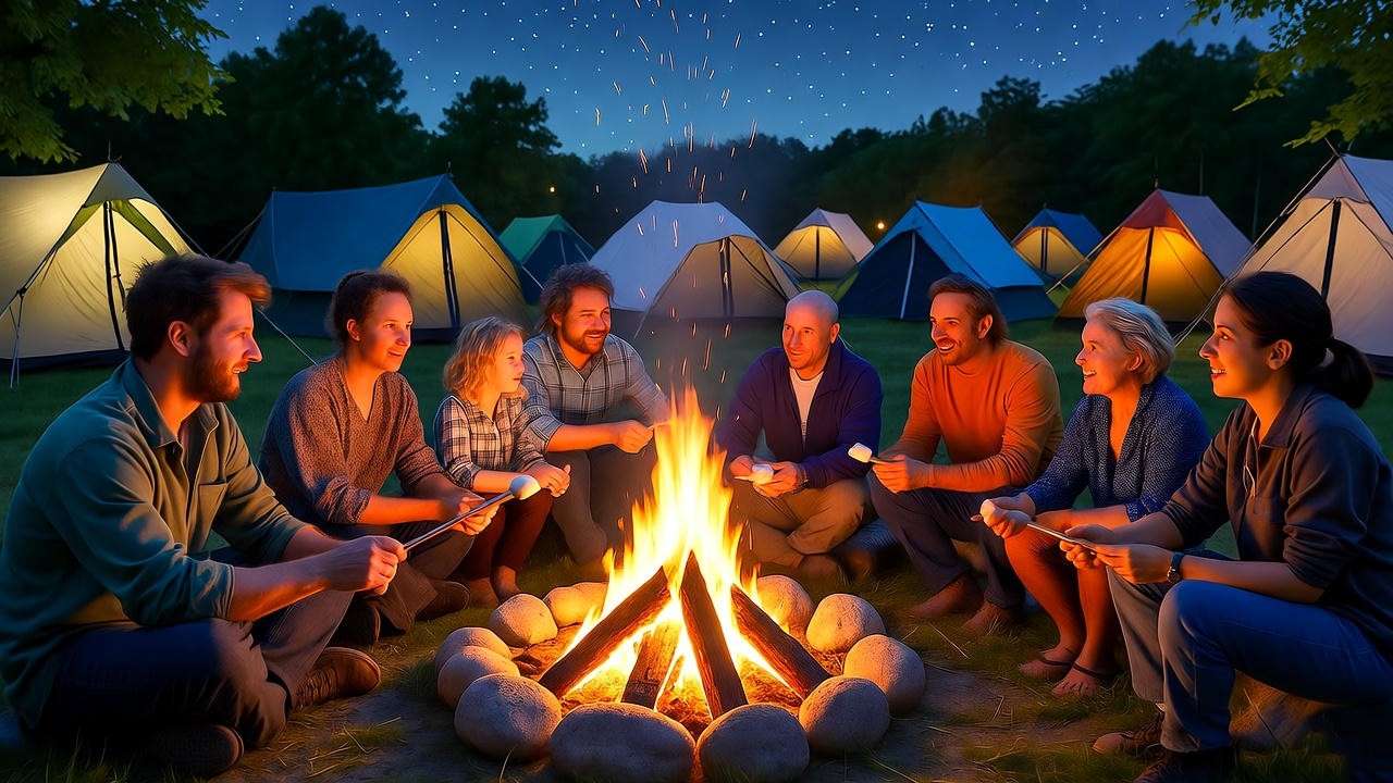 Group of campers enjoying a campfire under stars in Old Town.