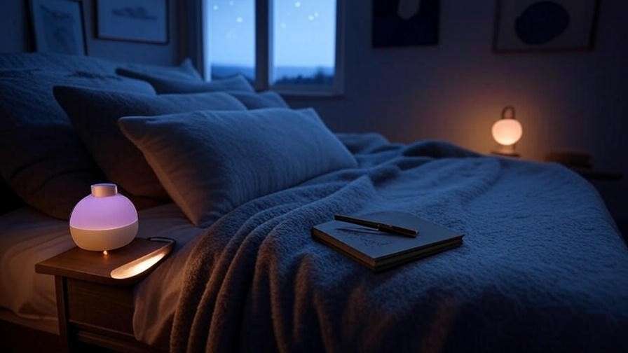 Cozy bedroom with lavender diffuser and dream journal for restful sleep environment.