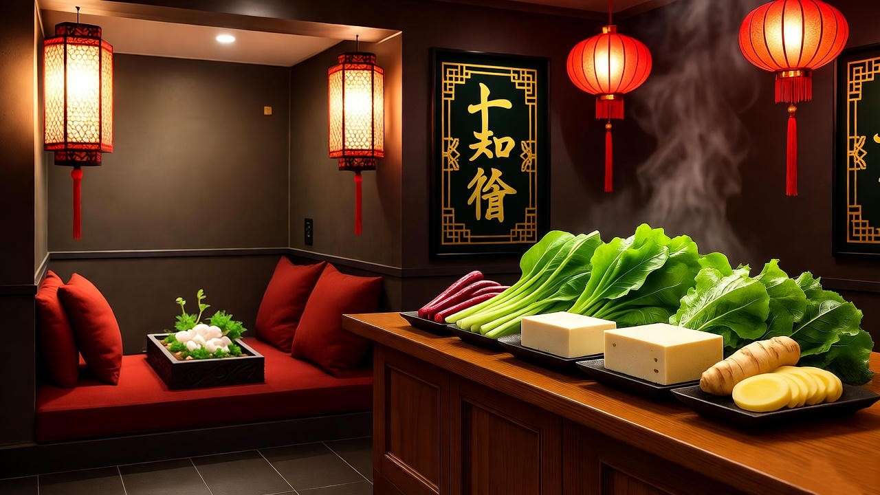 Cozy Happy China Restaurant interior with dim lanterns, organic greens, tofu, and a meditation nook for holistic well-being.