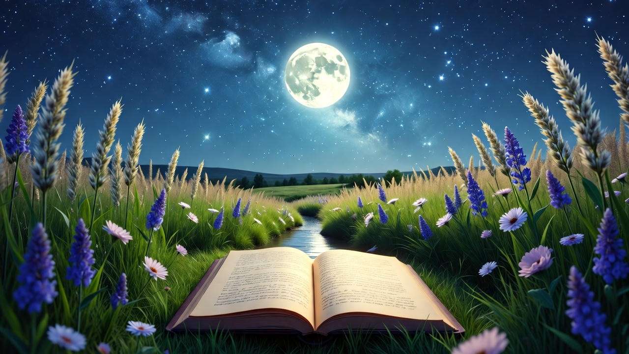 Serene meadow with an open dream journal under a starry sky for lucid dreaming recall.