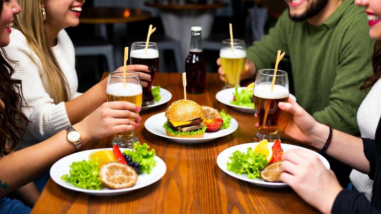 Friends sharing appetizers and drinks at Firebird Grill happy hour