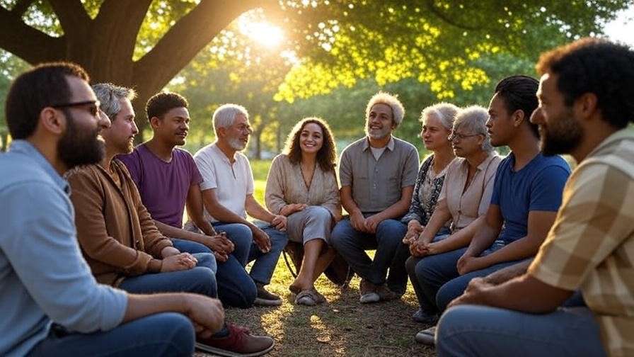 Diverse group discussing under a tree, representing community and expert insights on happiness.
