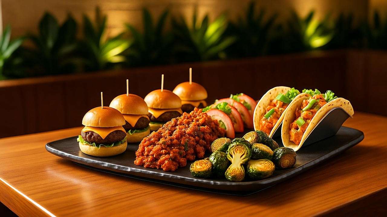 Vibrant platter of Yard House happy hour foods like sliders, tuna stacks, and tacos for mindful dining.