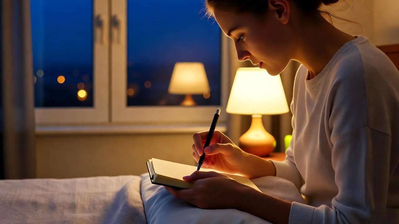 Person journaling by bedside to address causes of demonic dreams and improve sleep.