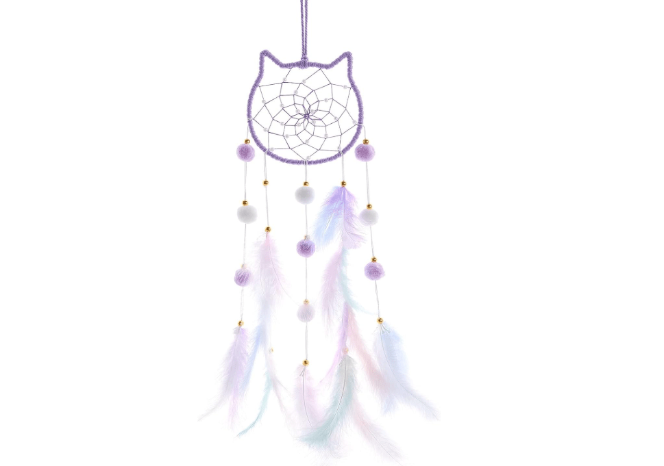 Pretty Jolly Purple Cat Kids Dream Catcher Wall Decor Pompom Feather Baby Dreamcatcher Handmade Children Dream Catcher Home Décor Wall Hanging for Nursery... 