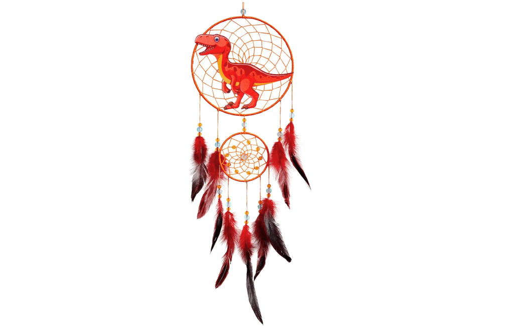 Basumee Dream Catcher for Kids Feather Dream Catchers Handmade Home Decor Wall Hanging with Double Ring for Nursery Bedroom Boys Room, Red Dinosaur
