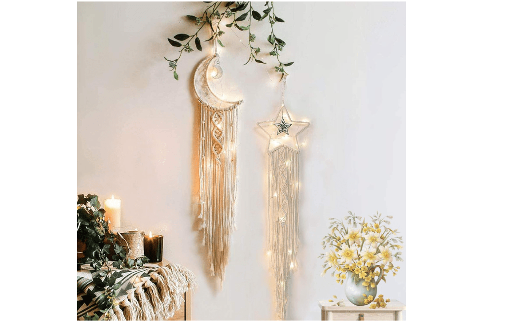 Moon Star Dream Catcher Decor,2pcs Boho Home Moon Star Dreamcatcher,Macrame Wall Hanging Boho Home Decor for Kids Baby Bedroom Decoration for Women Girls...
