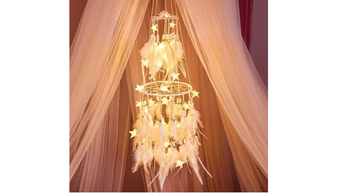 Dremisland Double Circle White Feather Dream Catcher with Mobile LED Fairy Lights Wall Hanging Ornaments Ceiling Decor for Bedroom Decor Wedding Decorations...

