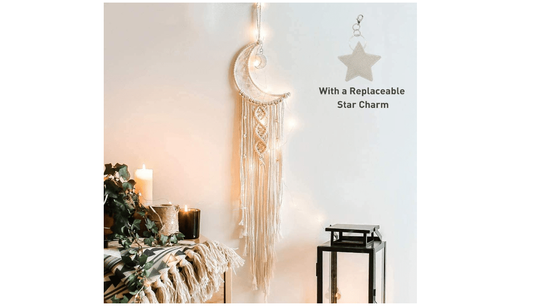 Boho Macrame Woven Wall Hanging, Crochet Crescent Moon Star Dream Catcher with Long Tassel- White Cotton Handmade Bohemian Home Decor Decoration Art Craft..