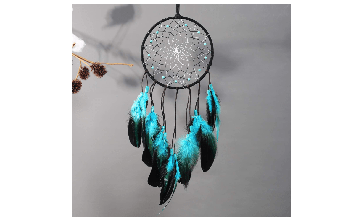 Dream Catcher with Bicolor Mesh, Handmade Dark Tone Dreamcatcher with Black and Turquoise Feather Wall Hanging Decoration