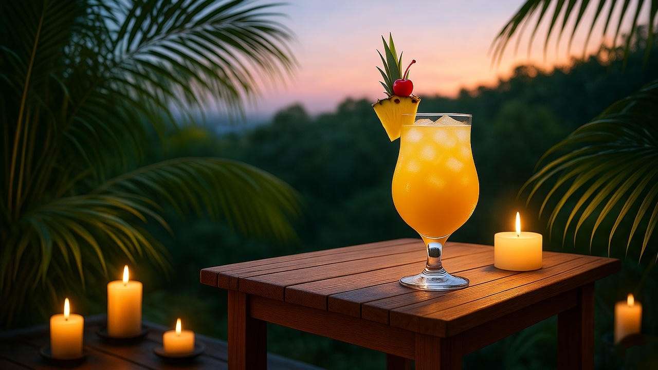 Chilled tropical beverage with pineapple and cherry garnish on a wooden table with candles and palm leaves at dusk