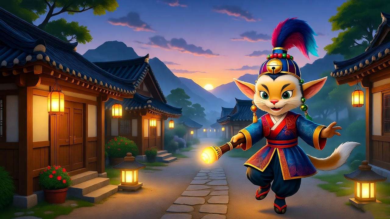 Dokkaebi dancing in a traditional Korean village with magical club and lanterns