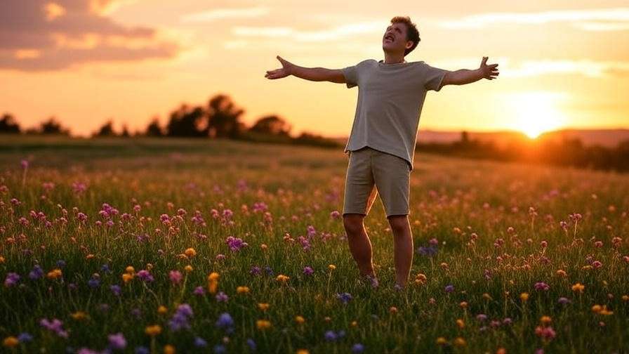 Person with arms outstretched at sunset in a field, symbolizing joy and spiritual fulfillment.