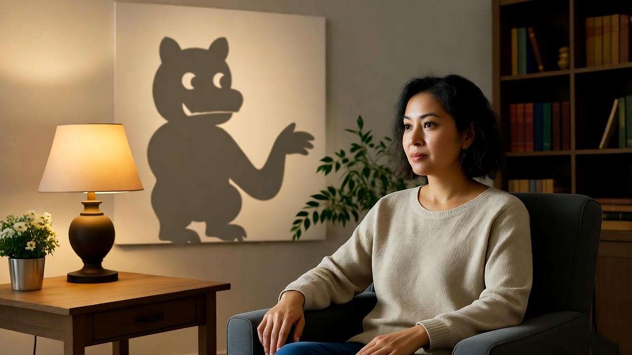 Therapy session with dokkaebi shadow and counselor in warm room