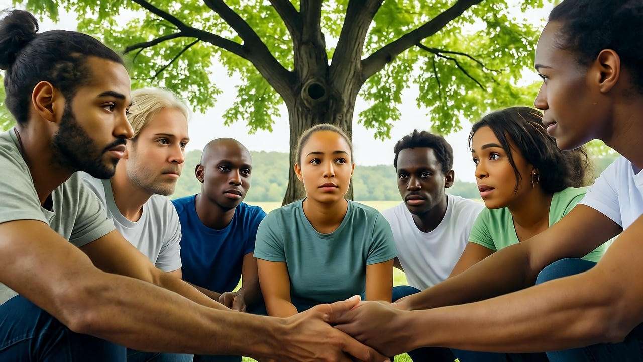 Diverse group in a circle under a tree symbolizing family dynamics and emotional well-being.
