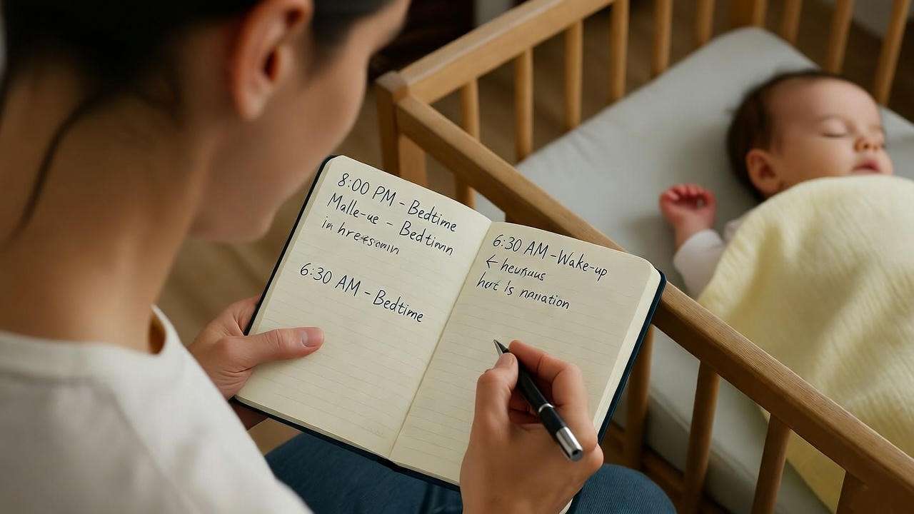 Parent tracking newborn sleep with diary near crib for better sleep monitoring.