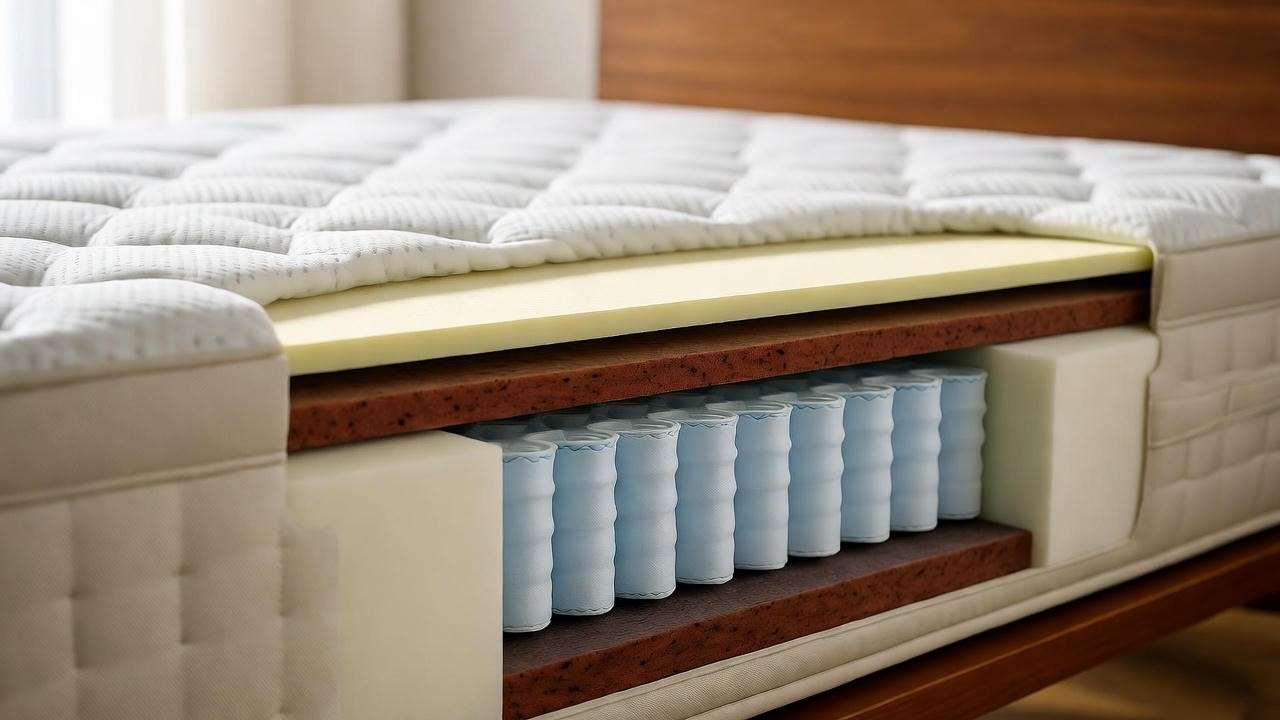 Close-up of dream mattress with zoned support and organic cotton cover for deep sleep.