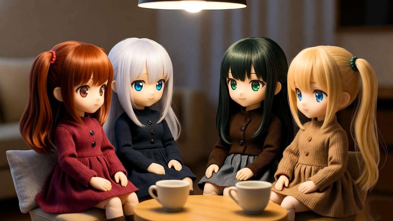 Mini Dollfie Dream dolls in therapeutic circle with tea cups