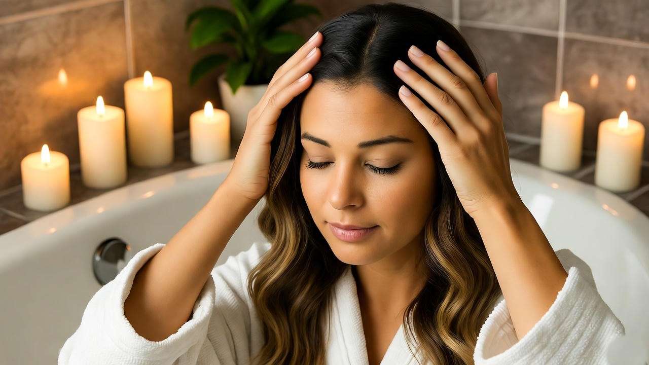 Woman performing a mindful scalp massage with essential oils as part of a self-care hair ritual.