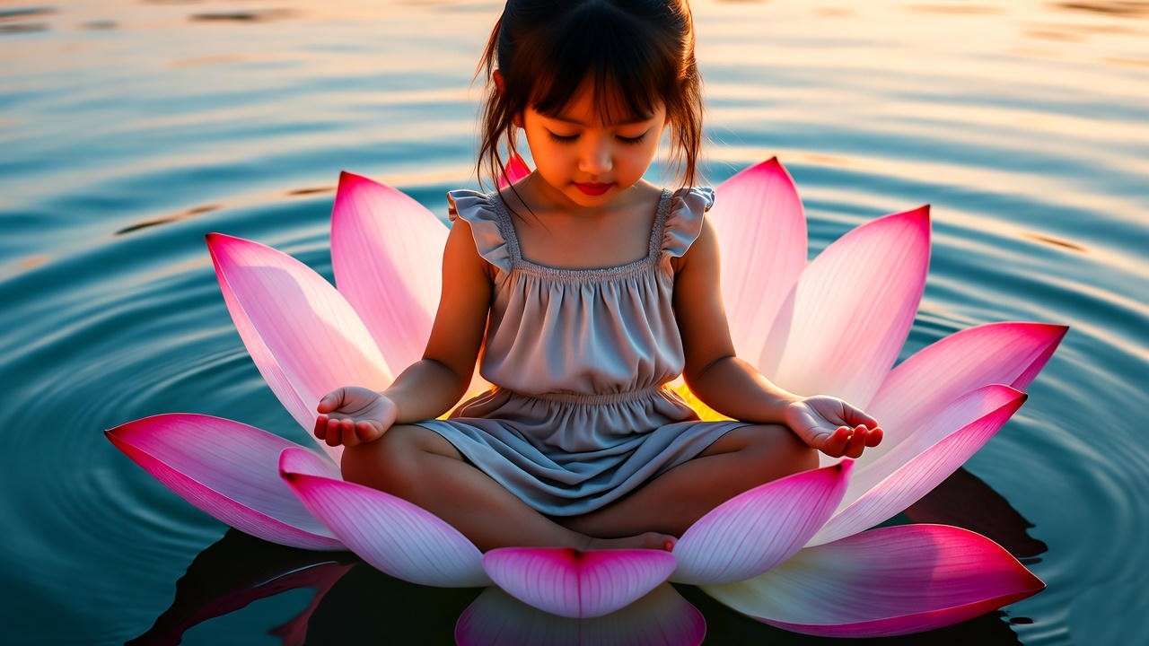 Girl meditating on lotus flower with water ripples, symbolizing peace and happiness for goddaughter birthday wishes.