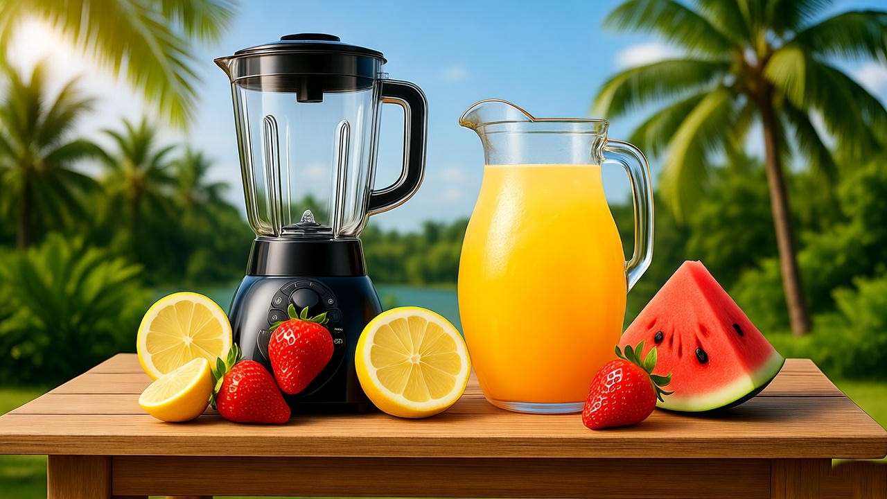 Tropical recipe setup with blender, fresh fruits, and pitcher of spiked malt beverage outdoors