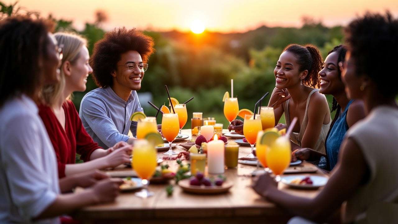 Friends at a wellness gathering with tropical drinks, candles, and greenery at sunset