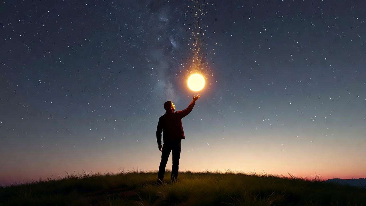 Silhouette releasing a glowing orb into the sky, symbolizing overcoming self-doubt in manifestation.