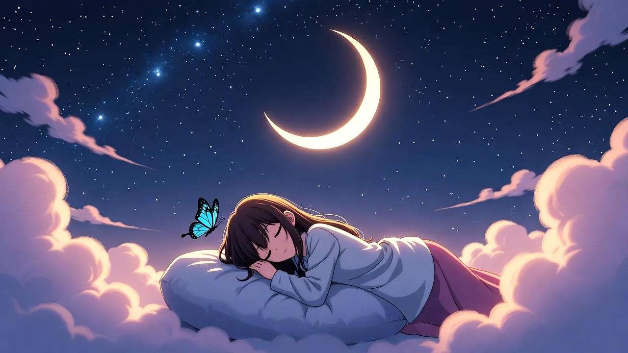 Serene girl sleeping under starry sky with moon and butterfly, symbolizing restful sleep for goddaughter birthday wishes.