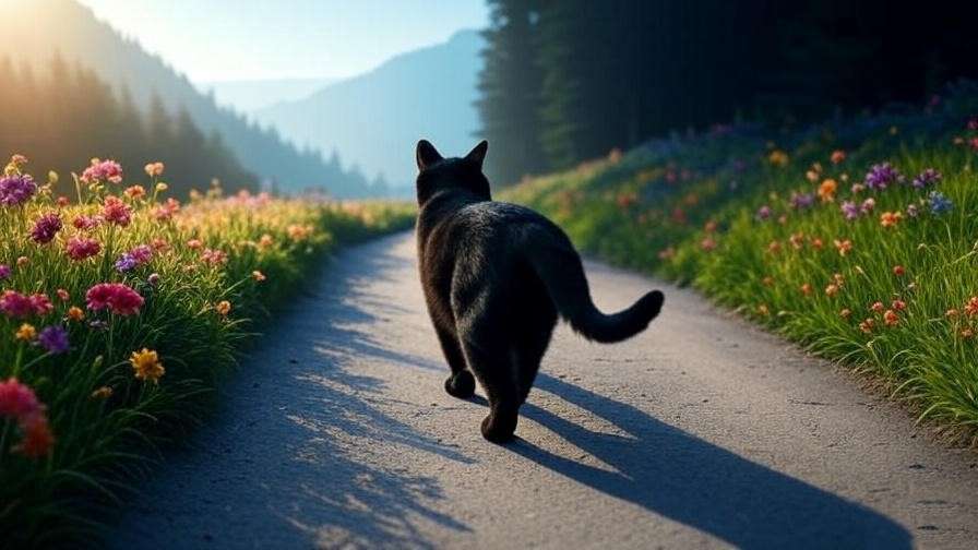 Black cat on a path in a surreal dreamscape, symbolizing transformation.