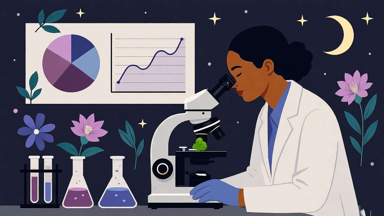 Scientist researching Dream Queen strain cannabis sample in a lab with purple-blue floral elements and charts.