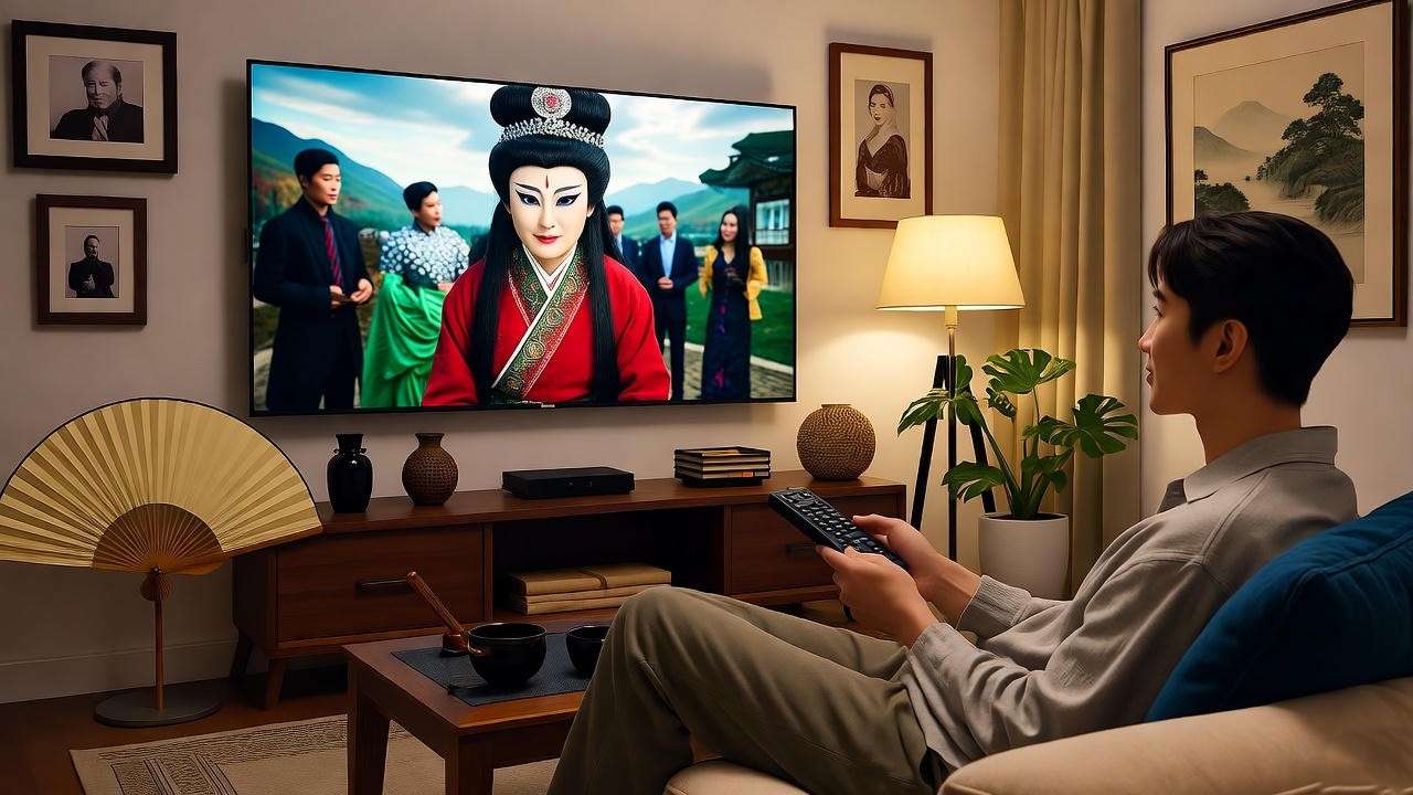 Modern room with K-drama dokkaebi scene and cultural artifacts