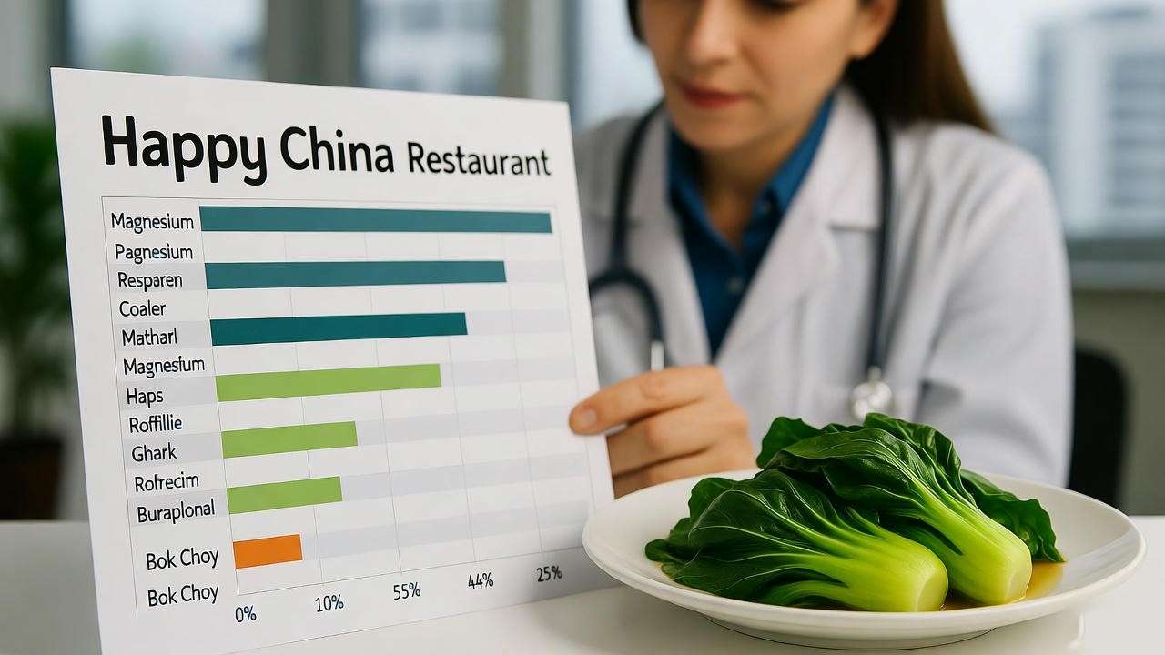 Nutritionist analyzing nutrient chart with bok choy dish from Happy China Restaurant, showcasing expert wellness insights.