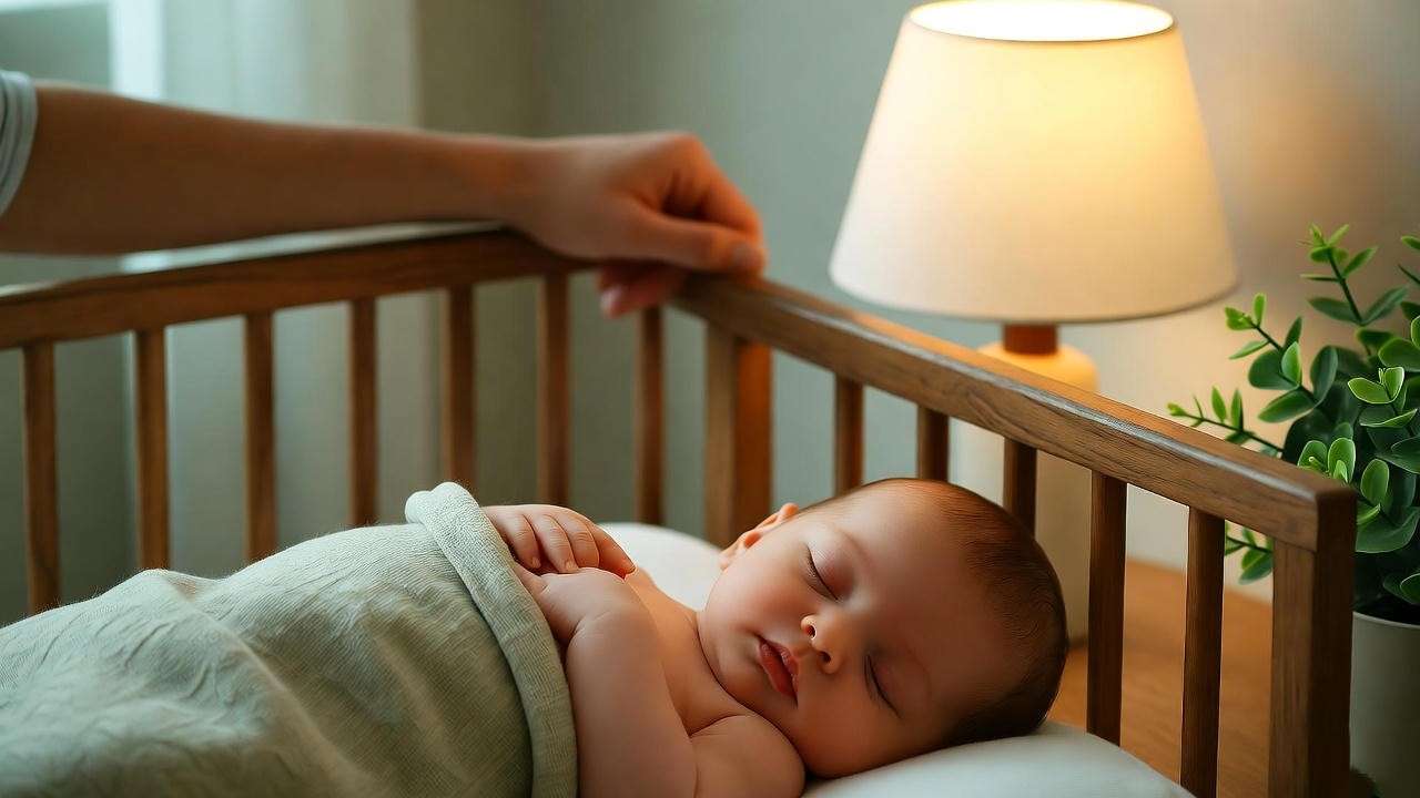 Peaceful nursery with crib and sleeping newborn under dim lighting for soothing sleep environment.