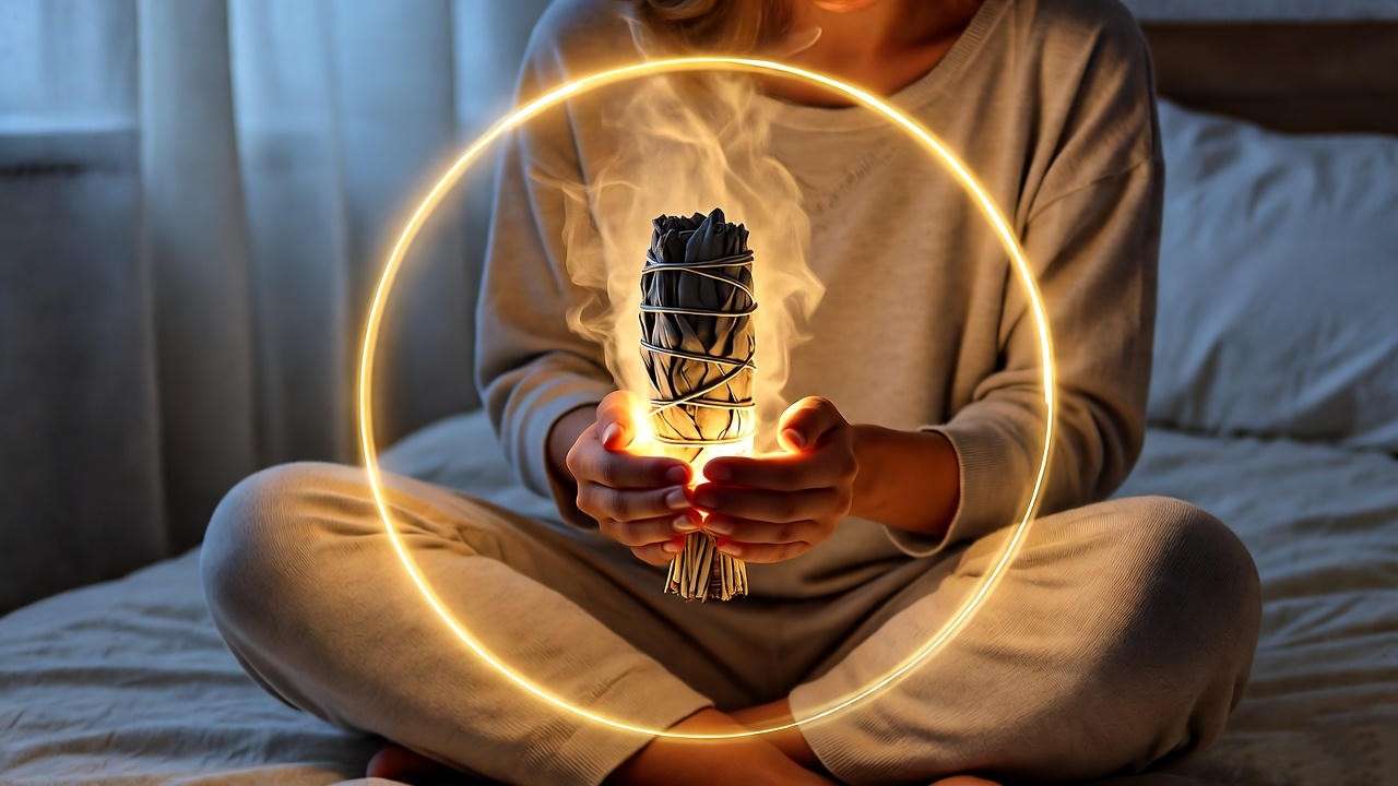 Person performing a smudging ritual with sage for spiritual protection against nightmares.