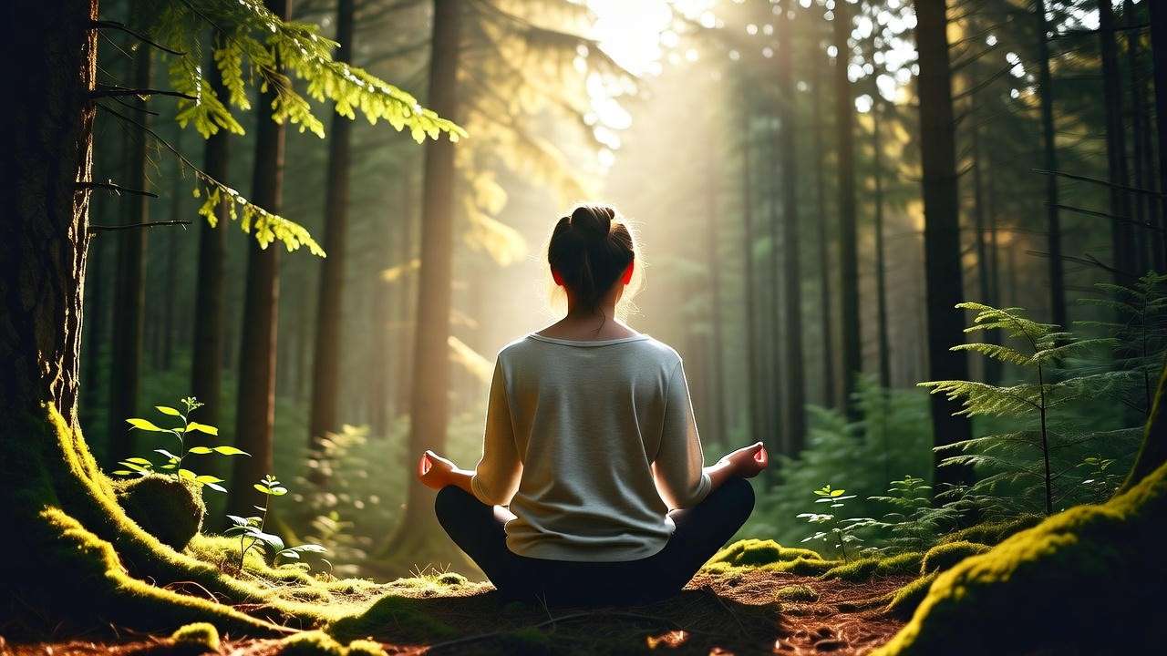 Person meditating in a serene forest with golden light, symbolizing mindfulness for manifesting love