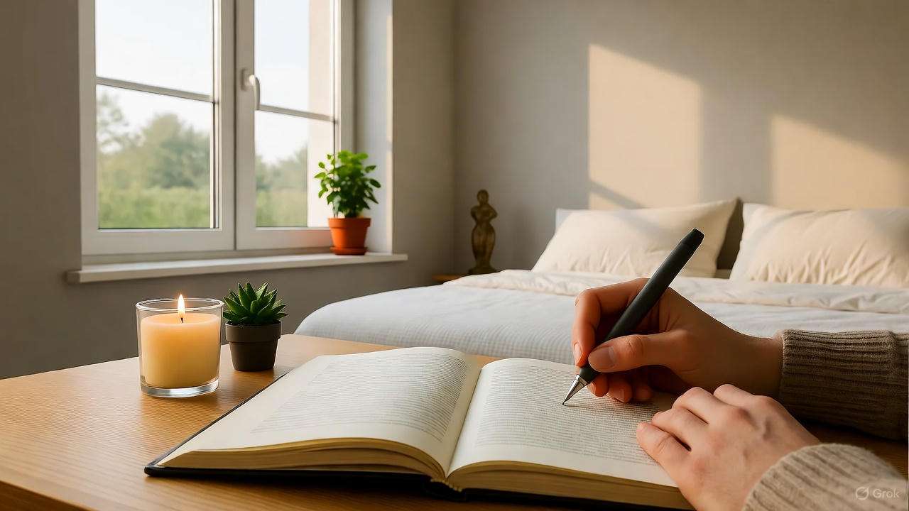 Hands writing in a dream journal in a peaceful bedroom, symbolizing vision clarification for manifesting love.