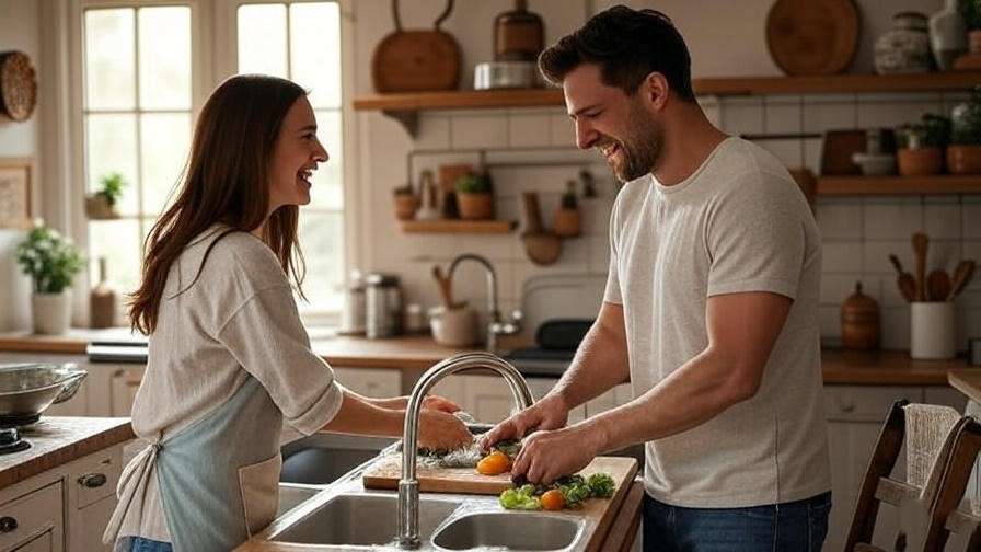 Couple preparing a meal together symbolizing joy in serving each other.