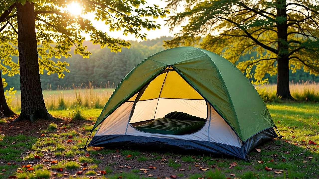 Cozy Old Town campsite with tent and sleeping gear under evening light.
