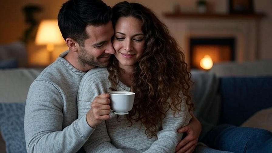 Couple hugging with one offering tea symbolizing selfless love in marriage.