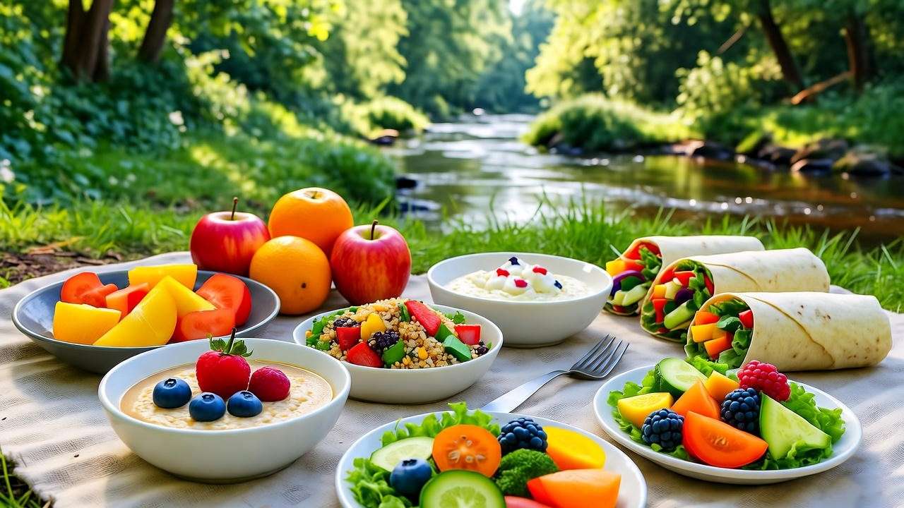 Healthy camping meal spread with oatmeal and wraps near Old Town river.