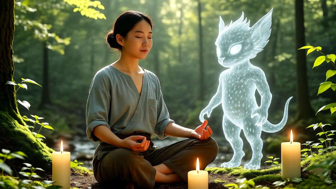 Person meditating in forest with glowing dokkaebi figure and candles