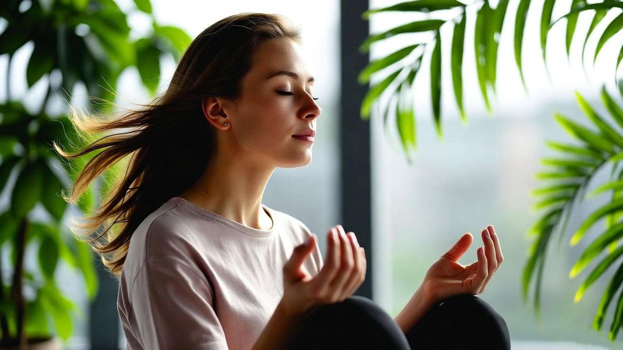 Woman meditating peacefully to reduce stress and promote healthy hair growth.