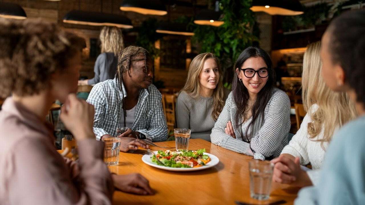 Serene scene of people enjoying mindful dining at Yard House happy hour with healthy food.