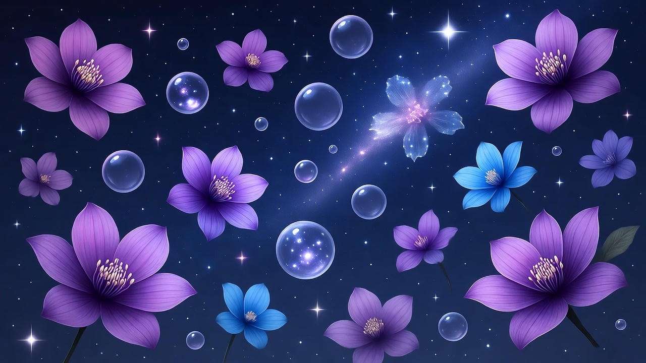 Surreal dreamscape with glowing purple and blue flowers and bubbles, enhanced by Dream Queen strain for vivid dreams.