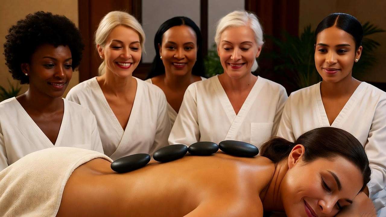 Diverse group relaxing in spa with hot stone massage for wellness success.